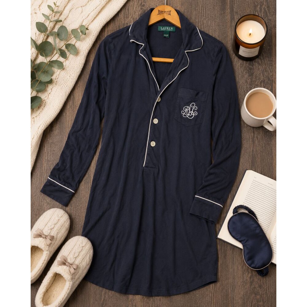 Ralph Lauren Womens Small Sleepshirt Blue Hammond Knit Cotton Modal Logo (732)
